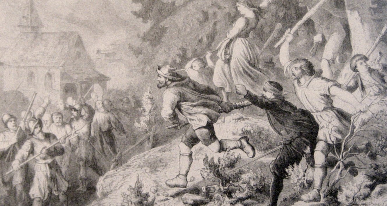 Zeichnung von Gottlieb Emil Rittmeyer zum Prättigauer Aufstand 1622, Kämpfenden Männer und Frauen